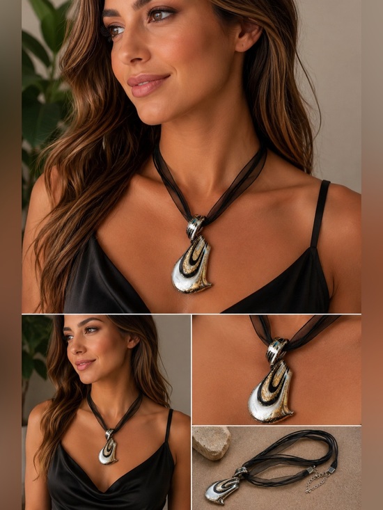 Jewelry - Glass Statement Pendant Necklace Black Sheer Ribbon Cord Blown Glass Adjustable